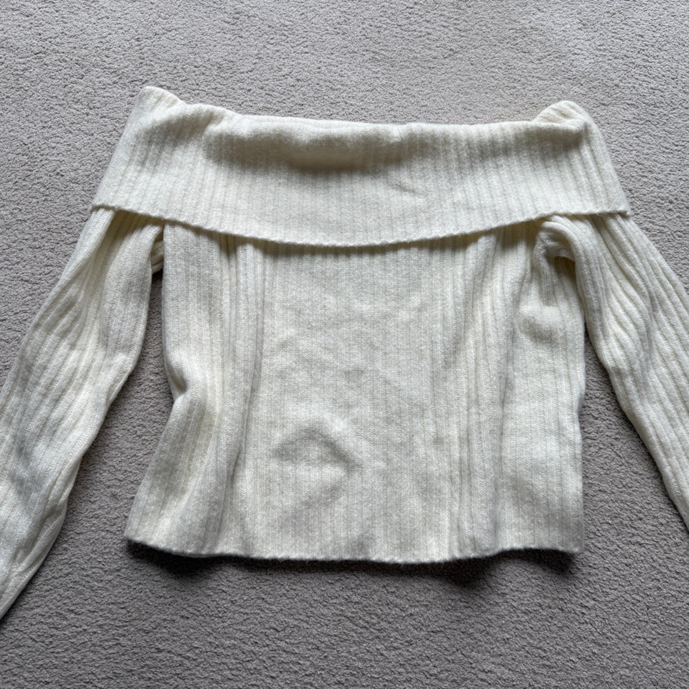 Abercrombie & Fitch Sweater Womens Ivory Off The Shoulder Long Sleeve Ribbed XL